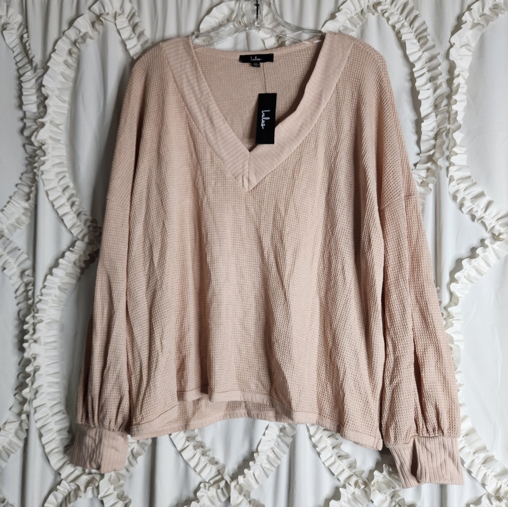 New Lulus Women's Pale Pink Tan Personal Record V-Neck Knit Sweater Sz XL
